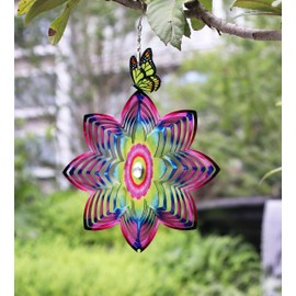 SPRING SONG Butterfly on Mandala Flower Wind Spinner for Yard and Garden Stainless Steel Spinner Indoor and Outdoor Hanging Decor Crafts Ornament Gifts Kinetic Art Yard Garden Hanging Wind Spinner