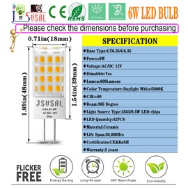 2-Pack, Dimmable GY6.35 LED Bulb, T4 JC Type GY6.35/G6.35 Bi-pin Base,AC/DC 12V Daylight White 5000K,6W Equivalent to 50-65W G6.35/GY6.35 Halogen/Xenon/Incandescent Replacement Bulb