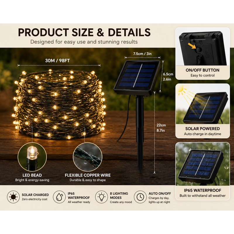 Solar Powered Outdoor Fairy Lights 20M Waterproof LED String Lights