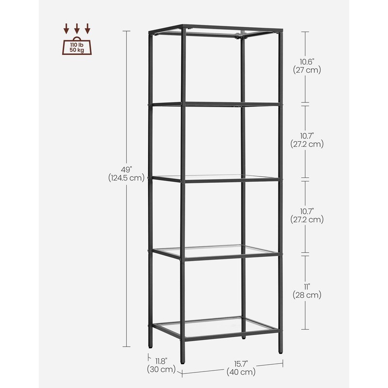 VASAGLE Bookcase, 5-Tier Bookshelf, Slim Shelving Unit for Bedroom, Bathroom,