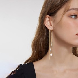 WASAIE Rhinestone Pearl Chain Threader Dangle Earrings for Women, Elegant Long Crystal Tassel Pearl Drop Jewelry Earrings For Women Wedding Party Prom