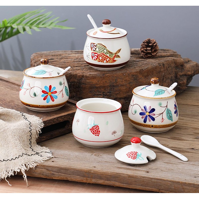 KKGUD Cute Hand-Painted Sugar Bowl, Seasoning Jar, Ceramic Condiment Pot