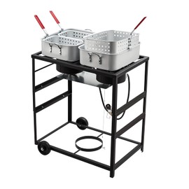 Propane Deep Fryer, 18QT Aluminum Double Fryer with 3 Baskets & Cast Iron Burner, Ideal for Outdoor Cooking, Wings, Fries & Fish, Propane Deep Fryer 58,000 BTU, Black