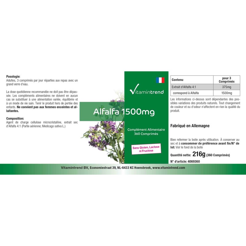 Alfalfa 1500mg - Bulk Pack with 360 Tablets, for 4