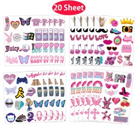 20 Sheets Y2K Pink Temporary Tattoos 320Pcs Throwback 2000's Retro Cartoon Tattoos Stickers Birthday Party Favors Decorations Supplies for Gift Bag Fillers School Game Prizes Rewards