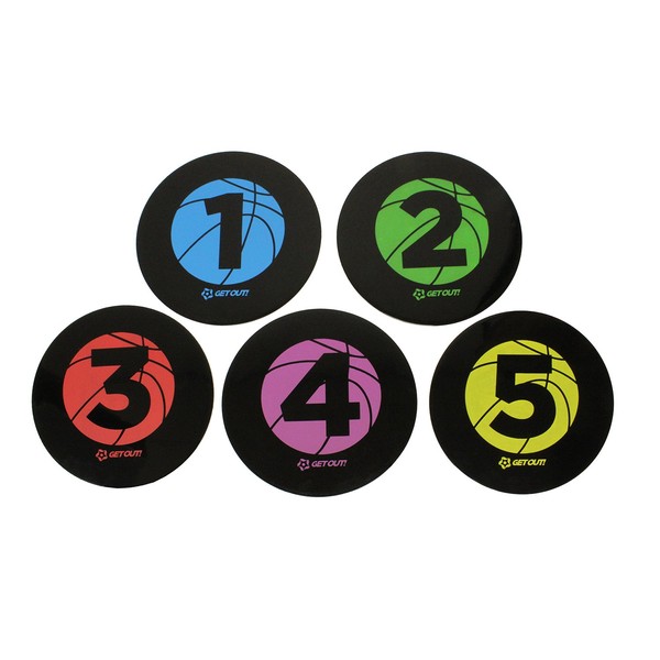 Get Out! Basketball Training Large 9in Disc Spot Markers 5-Pack – Round Flat Numbered Court Floor Poly Vinyl Spots