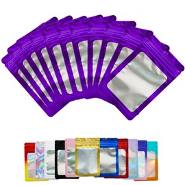 100 Pieces Purple Resealable Mylar Holographic Bags Food Storage Smell Proof Bags with Front Window Packaging Pouch for Cookies Sample Jewelry Snack,4.73 * 7.88 inches