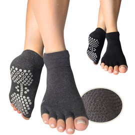 Soxsense Toeless Grip Socks for Pilates & Yoga, Open Toe Non Slip Socks for Barre, Dance, Workout 2Pairs (US, Alpha, Large, Regular, Regular, Black/Grey)