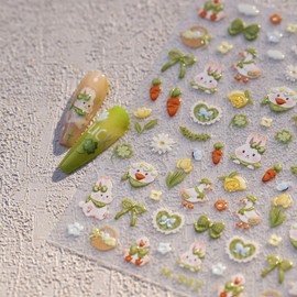 5D Embossed Easter Nail Stickers Green Flower Nail Art Stickers Self-Adhesive Rabbit Carrot with Design Nails Decals for Women Nail Supplies Art