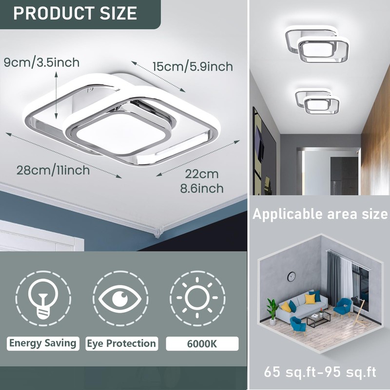 CANEOE Square Hallway Ceiling Light Fixtures,6000K Cool White Modern Flush