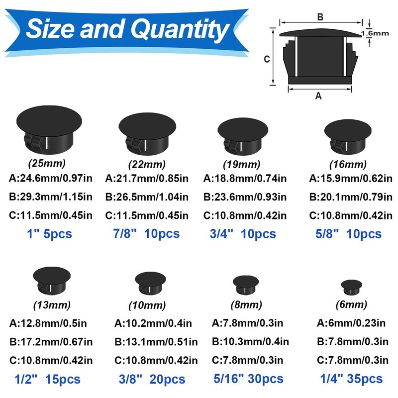 Tnisesm 135Pcs 8 Sizes Nylon Plastic Hole Plugs Black 1/4"