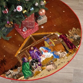 Blosssound Christmas Nativity Tree Skirt 48 Inch Nativity Scene Christmas Tree Mat Jesus Christian Winter Holiday Party Decor Farmhouse Tree Ornaments Xmas Indoor Outdoor Supplies(Brown)