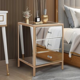 GEPOW End Tables, Modern Nightstand Bedside Table with 3 Drawers Small End Table with Gold Legs and Mirrored Finish