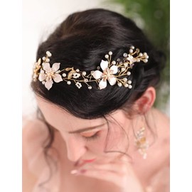 Teyglen Gold Leaf Wedding Headband Hair Vine Handmade Flower Pearl Headpieces for Bride Floral Bridal Hair Pieces Hair Accessories for Women Girl