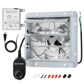 Criditpid 14 Inch Shutter Exhaust Fan, 1088 CFM Wall Mounted Attic Fan, Greenhouse Fan with Speed Controller and Thermostat for Garages, Warehouse, Shed, Basement, Chicken Coops Ventilation, 1450 RPM