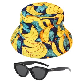 1 Piece of Banana Bucket Hat and 1 Piece of Visor Sunglasses, Casual and Versatile Bucket Hat, Foldable Sun Hat, Fun Printed Bucket Hat, Matching Accessories