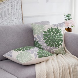 Pack of 2 Outdoor Cushion Covers, 45 x 45 cm, Linen Cushion Covers, Sofa Cushion, Decorative Couch Cushion, Dahlia Flower Cushion Cover, Geometric Summer Decorative Cushion for Sofa, Living Room,