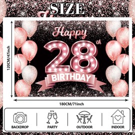 Happy 28th Birthday Rose Gold Banner Backdrop Cheers to 28 Years Old Confetti Balloons Theme Decor Decorations for Women 28 Years Old Pink Birthday Party Bday Supplies Background Favors Gift Glitter