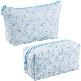 CABODYALS 2 Stück 2 Stile Hellblaues Make Up Taschen Set Mit Blumenmuster Süßer Blumen Reißverschluss Make Up Kosmetiktasche Tragbare Aufbewahrung Gesteppter Kulturbeutel Stoff Clutch Taschen Für Dame