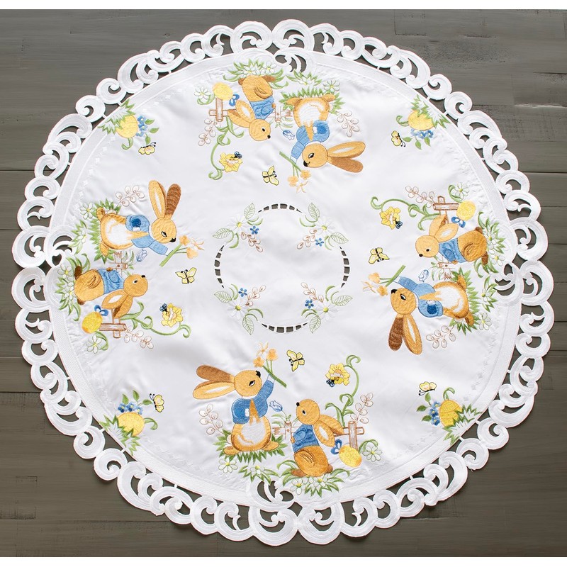 Easter Bunny Table Topper, Round Decorative, White with Floral Pattern