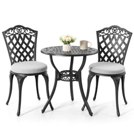 NUU GARDEN 3-Piece Patio Bistro Set Outdoor Cast Aluminum Bistro Table and Chairs Set of 2, Outdoor Patio Bistro Set with Umbrella Hole and Gray Cushions for Patio Balcony, Black