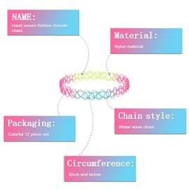 12pcs Tattoo Necklace Choker, Colorful Tattoo Necklaces Set Cute Flower Necklaces 90s Style Rainbow Elastic Choker Necklace for Women Girls