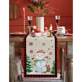 Christmas Table Runner - 108 Inch Long, Snowman Dining Table Runner Burlap Linen Dresser Scarves, Xmas Tree Snowflake Retro Merry Christmas Farmhouse Home Decor for Coffee Table Wedding Party Banquet