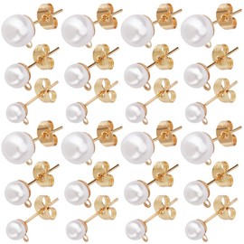 SOFPLATE 1 Box 120Pcs hypoallergenic Pearl Earring Posts Pearl Earring Stud Findings with Loop and Imitation Pearl Beads Gold Stainless Steel Earring Studs for Jewellery Making Earrings Supplies Craft