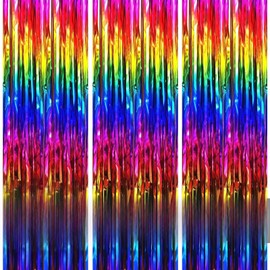 COSORO 3pcs Tinsel Curtain Rainbow Glitter Foil Door Curtains Party Backdrop,3.2ftx6.5ft Foil Fringe Curtain Party Streamers Shimmer Backdrop Decorations for Birthday Wedding Disco