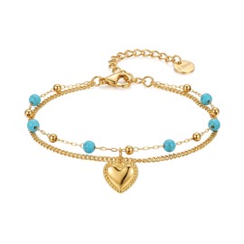 RINHOO FRIENDSHIP Boho Turquoise Bracelet Tiny Beads Stainless Steel Double Layered Chain - Summer Beach Vacation Jewelry for Women (Heart, 1)