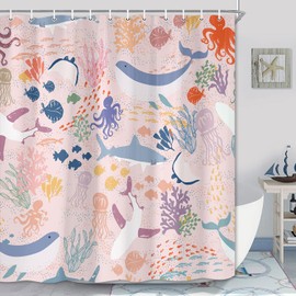 Lacoiime - Cortina de ducha de tiburón con diseño de tiburón, color rosa, bohemio, diseño abstracto de animales subacuáticos, con dibujos animados, cortinas de ducha de tela colorida para decoración