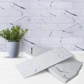 Artemuro 40PCS Peel and Stick Backsplash for Kitchen, 3" x 9" SPC Subway Tiles, Upgraded Structured Soft Glossy Calacatta Panda with White Grout Backsplash Tile for Kitchen, Bathroom, Fireplace, RV