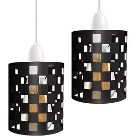 DC VOLTAGE 2 Pack of Modern Black Metal Drum Cage Lampshade – Industrial Geometric Pendant Light Shade with Square Cutouts for Hanging Ceiling Lights (Black S1)