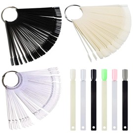Qioly 3 Set Total 150 Tips, Fan-shaped False Nail Swatch Sticks with Ring, for Nail Art Color Display/Polish Practice, Clear + Beige + Black