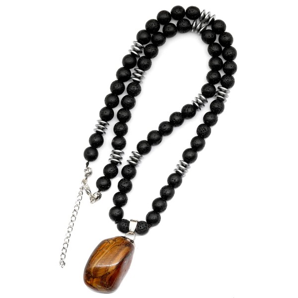 ElisaJewelryArt - Natural Tiger Eye Crystal Pendant Black Lava Stone