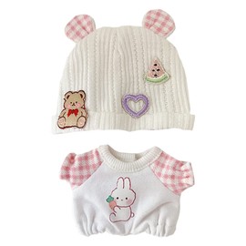 niannyyhouse 3.9 inches (10 cm) Plush Clothes Loose Fitting Crawling Wear Bear Ear Hat Bodysuit Dress Up Cotton Doll Clothes (Pink)