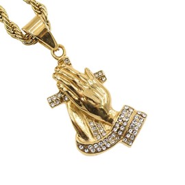 Praying Cross Necklace for Men, Hip Hop Praying Hands Necklace, Christian Religious Cross Pendant Necklace with 23.6"Chain,Punk Rock Praying Hand Pendant, Christ Catholic Prayer Hand Necklace Jewelry