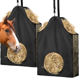 Loyala 2PCS Hay Bag Goat Hay Feeder Slow Feed Hay Bags 600D Oxford Cloth with Metal Ring and Adjustable Strap Hay Bags for Horses Goats Sheep Donkeys Cows (Black,2pcs