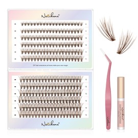 NATUHANA DIY Eyelash Extension Kit, 20P Volume Lash Cluster, 8-15 mm Mixed Tray, 0.07 mm, DIY Eyelash Extension, 240 Pieces Eyelash Cluster Kit with Eyelashes, Tweezers & Glue (20p-brown 8-15 Mix)