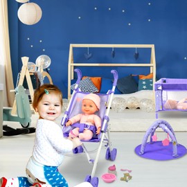 ANIVIA 5PCs Baby Doll Stroller Set - Baby Doll Accessories Set Includes Doll Stroller/Doll Crib/Play Mat/Feeding Toy/Diaper Bag, Nursery Role Play Set (11" Doll Included)