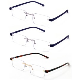 V.W.E. 3 Pairs Lightweight Rimless Reading Glasses Metal with Flexi Temple - Rectangular Anti Blue Blocker Reader (2 BlueGrey 1 Tort, 2.50, multiplier_x)