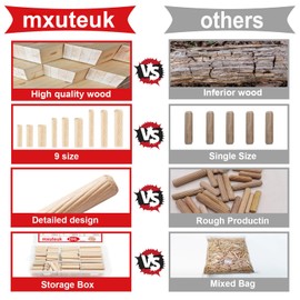 mxuteuk 200Pcs Wooden Dowel Pins with Tapered End with Bevel Angle Groove Wood Pegs - 9 Sizes 6/25inch 5/16inch 3/8inch(6mm, 8mm, 10mm) Used for Crafts, Furniture, Door, DIY