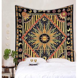THE ART BOX Burning Sun Tie Dye Celestial Tapestry Boho Moon & Star Cotton Wall Hanging for Bedroom Dorm Decor Beach Coverlet Curtain or Blanket - Yellow 84"x90"