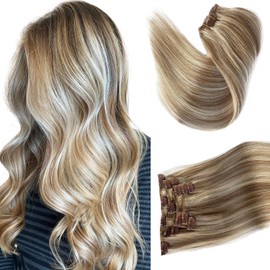 Remy Human Hair Clip in Extensions, Ash Brown Mixed Platinum Blonde Hair Extensions Clip in Real Human Hair,12 Inch 70G 7 Pcs Double Weft Hair Extensions Real Human Hair Clip ins for Women