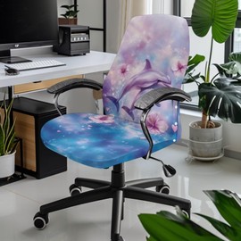 Cadowhimsy Office Chair Cover Stretch Fabric Computer Chair Cover Pink Floral Dolphin Print Removable Anti-Dust Gaming Chair Slipcover Protector for Boss Chair Decoration, Large