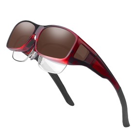 JIANGTUN Fit Over the Glass Sunglasses Warp Around OverSized Polarized Sun Glasses UV Protection, Size L Red Frame Brown Lens