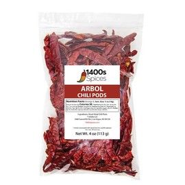 4oz Dried Chile de Arbol, Dried Whole Red Chili Peppers by 1400s Spices