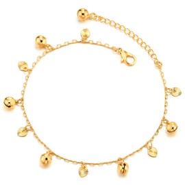 COOLSTEELANDBEYOND Beautiful Gold Link Chain Anklet Bracelet with Dangling Grooved Hearts and Jingle Bells, Adjustable