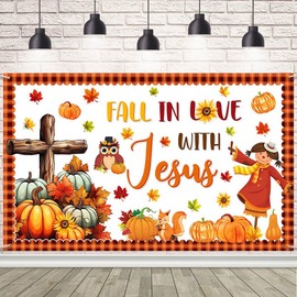 AIBIIN Fall in Love with Jesus Backdrop for Photography Autumn Pumpkin Festival Party Background Jesus Cross Scarecrow Decorations Banner Photo