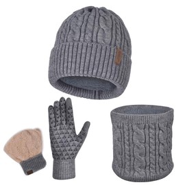 Beanie Hat Gloves Scarf Set for Men Winter Warm Knit Knitted Neck Warmer Touchscreen Glove Cap 3 in 1 Gray Thermal Fleece Wool Lined for Cold Weather Snow